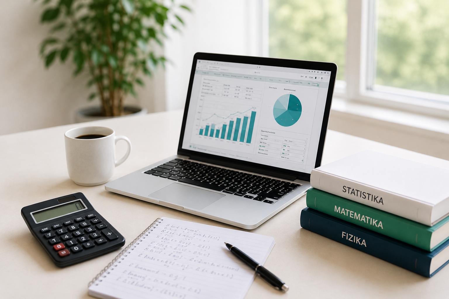 Učna miza z računalnikom, kalkulatorjem, zvezkom in knjigami za statistiko, matematiko in fiziko