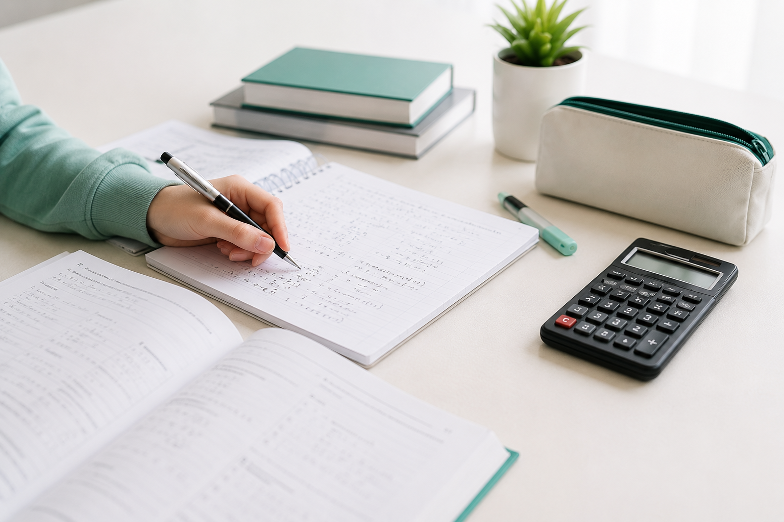 Zvezek, učbenik in kalkulator za inštrukcije matematike in fizike