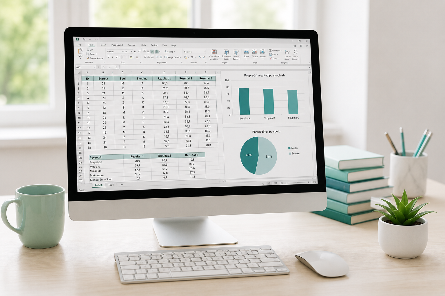 Računalnik z Excel tabelami in grafi za statistično analizo podatkov